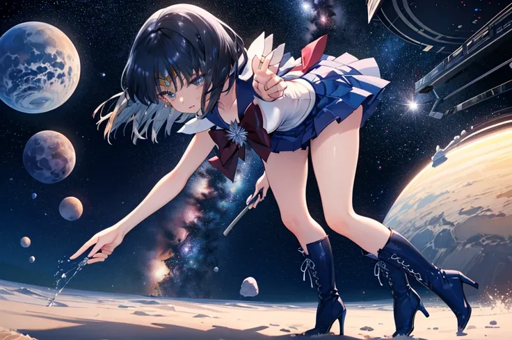 (full body),1 girl，solo，Sailor Saturn,sailor saturn，gold tiara on her forehead，Sailor Warrior Uniform,White leotard，Elbow Handbags，Braided boots，Black Hair，Bobcut，Gold tiara on forehead, Tomoe Hotaru, space, (Highest_quality:1.2), (Ultra_detailed:1.3), 8k,...