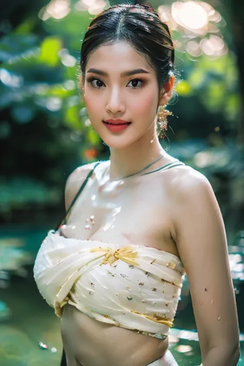 A beautiful girl ,(quite a bit body),Thai ancestor Female, bathing in a swiming pool at the forest, dynamic poses, transparent white strapless shirt, strapless thai traditional dress, Long ponytail, black eyes,abdominal muscles, (big breast:1.3), nice clea...