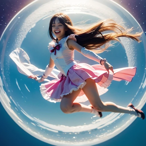 floating 10 meters, floating in the air, smile politely, magical girl