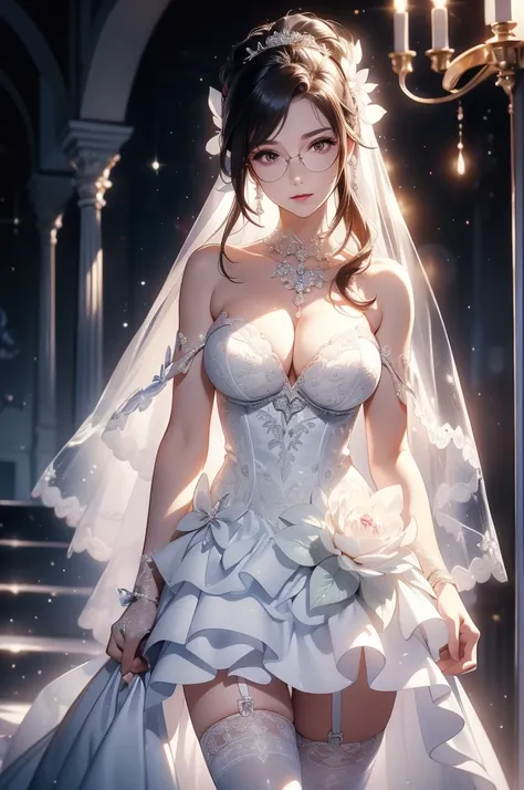 ((Gorgeous pure white wedding dress))(masterpiece), (highest quality), (black glasses)(Super detailed), (Highly detailed CG), (Very delicate),((Super long skirt)) ((White garter stockings))(Perfect lighting), (8k), (Dynamic Angle), (Clear images), Vibrant ...