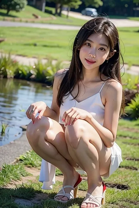 Japanese, 10 years old, white dress, pee, pee, squat, open knees, shy face, red face, lifts skirt, pee comes out, a lot of pee comes out, legs spread, pee splashes , pee flowing, pee coming out, not wearing pants, not wearing underwear, embarrassed, happy,...