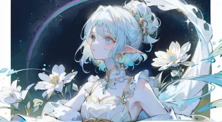 (masterpiece),(boy),one person, highest quality, highest quality,(neutral),(Rainbow Eyes),Transparent light blue hair,Longer short layers,The nape is short,Tie your hair back from around your shoulders.,Curly hair with rounded ends,A little elf ear hair ac...