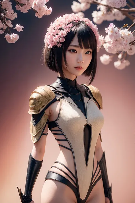 beautiful japanese young woman, wearing spiderwoman armor made of papyrus, thick symmetrical features, very short hair, background is cherry blossoms, pink aura, red lips, octane render,