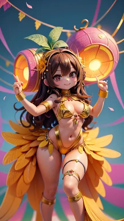 1 female((a bit:1.5),(smile:1.5),Brunette Hair,Hair is floating,Curly Hair,Brown eyes,Sweat,Vibrant,carnival,parade,Dancing the samba energetically,(BZC Costume:1.5),(Head ornament:1.5),Brazilian women,Sunburned skin,Nice,nice), background(Towns in Brazil,...