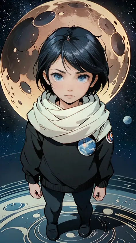 ((masterpiece, Best quality, a high resolution, ultra detailed),(Beautiful and aesthetically pleasing:1.2), detailed eyes and face, full body, 1 , kid, toddler,  ((black hair)), ((blue eyes)), detailed eyes and face, ramper, chibi, space, stars, moon, plan...