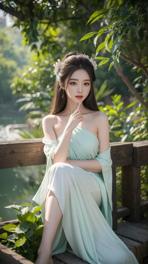 elaborate hanfu ((gufeng, bare shoulders)),(masterpiece, best quality:1.2), 1 girl, solitary, deep in wonderland，the moonlight f...