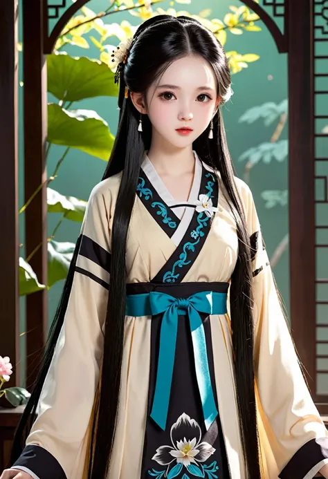 A girl around 13 years old，Pale skin，Very long hair, Black straight hair. Large target、black eyes , With a strong and mysterious expression. Dressed in orphan clothing style, More elegant and refined, Something that matches her mysterious and strong person...