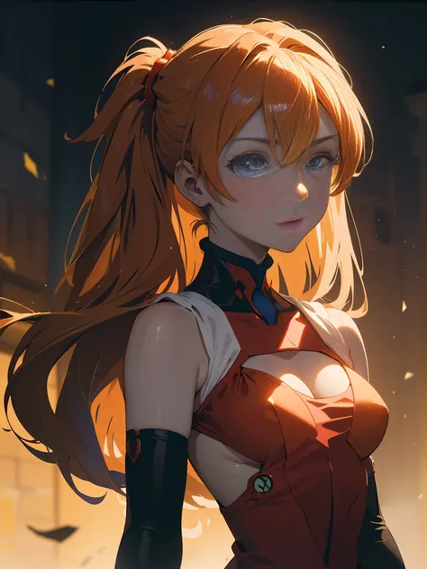 (Obra maestra, mejor calidad), 1 chica, Hermoso rostro, cuerpo hermoso, souryuu_asuka_langley, traje enchufable, mono, auriculares de interfaz, red mono, pelo entre los ojos, traje de piloto