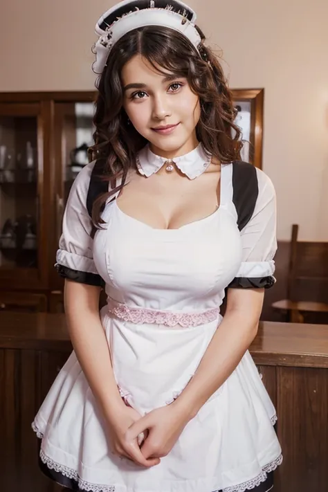 ((Beautiful maid:1.5),High accuracy, Top quality),wearing maid uniform,Soft hands, Big bright eyes, Dark and vibrant curly hair, Sweet smile, Pink cheeks, dim light, Pure White Background.  