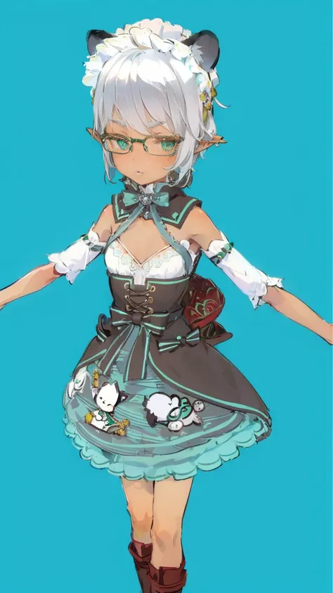 (Masterpiece), Top quality, (Androgynous), Boy, 1 person, dark skin, silver hair, wolf hair, green eyes, staring eyes, mellow eyebrows, jagged teeth, maid outfit, bear ears, slight elf ears, Square glasses, no breasts, frilly headband, short height, natura...