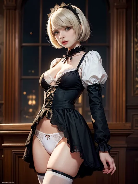 (masterpiece), (1 beautiful dutch woman),Ella Freya from the Netherlands,(NieR:Automata),(2B), (Gothic Lolita),maid dress,(highest quality), (8K resolution), Blonde Hair,Short Bob Hair,Slender figure,Small breasts,Cleavage,(White panties),