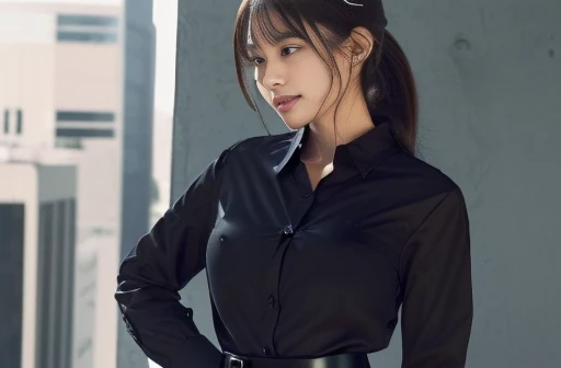 company employee、(Body turned to the side、Shooting from the side、Looking to the side,Shooting from the side:1.6),Not looking here、(General shirt、Wearing a white blouse、Wearing a typical business suit),(The fourth button on her blouse is slightly open.,Only...