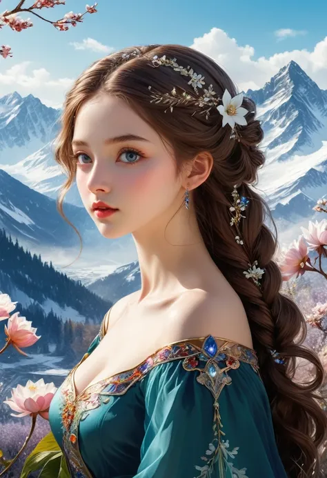 Thousand Flower Glass Style，((masterpiece)),best quality, illustration, dark, 1 girl, In the wilderness,Mountain High,Snow-capped mountains in the distance, castle, Beautiful and delicate eyes,  Beautiful and delicate hair,