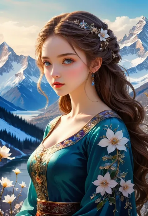 Thousand Flower Glass Style，((masterpiece)),best quality, illustration, dark, 1 girl, In the wilderness,Mountain High,Snow-capped mountains in the distance, castle, Beautiful and delicate eyes,  Beautiful and delicate hair,