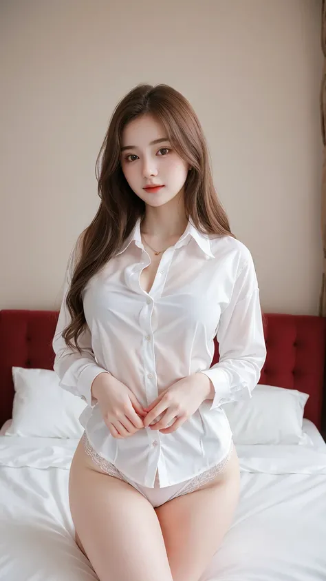 Gorgeus Girl, Beautiful, Baby Face, 20 Years Old, White Skin, pale skin, Sexy Pose, lace lingeries, Bokeh, bedroom hotel Background, Masterpiece, Fullbody Shot, business suits, long red shirt, oversized shirt, big shirt, 