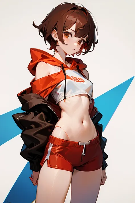 Cute girl 、Belly button、Shoulder、slender、Tight clothing、Pixie Cut、Sporty、Grown-up、24-years-old、Red-brown hair、Shorts、Oversized hoodie、Translucent tightesh tights、Off-the-shoulder hoodie、See-through design