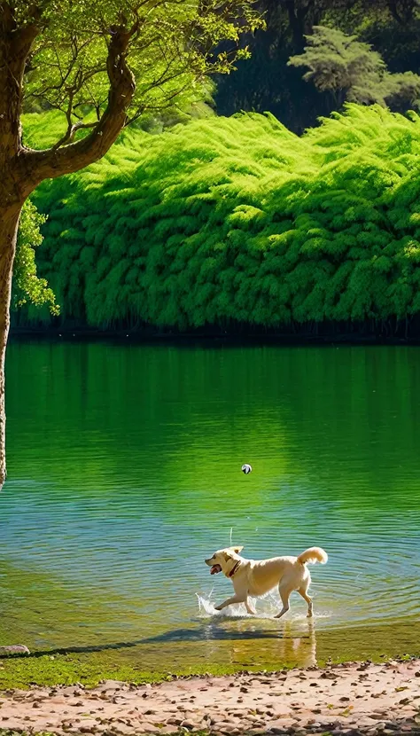 Create an image of a dog playing with a dog by a lake on a spring morning. Inclua um sol brilhante, flores coloridas, green trees, e uma brisa suave. Is laughing and running or throwing a ball, enquanto o cachorro feliz corre ou pula. Adicione reflexos no ...