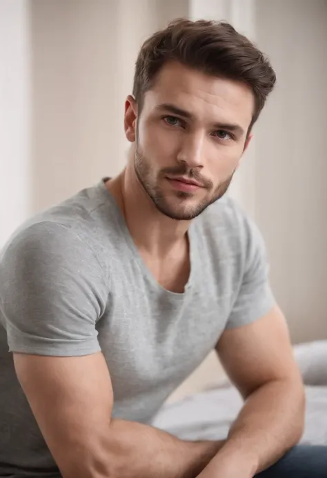 A masculine young man in his late twenties, short beard, dark brown hair, light hazel eyes, masculine energy, at home, athletic body, wearing classic trousers and an open T-shirt with the top open.