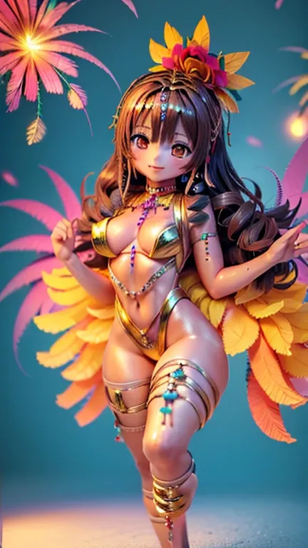 1 female((a bit:1.5),(smile:1.5),Brunette Hair,Hair is floating,Curly Hair,Brown eyes,Sweat,Vibrant,carnival,parade,Dancing the samba energetically,(BZC Costume:1.5),(Head ornament:1.5),Brazilian women,Sunburned skin,Nice,nice), background(Towns in Brazil,...