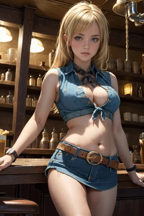 (((1 person:2.0))),(((Cowgirl Costume))),(((Slim Body 1.5))),(((Small Ass))),(((Denim Super Mini Skirt:1.5))),(((Wearing one belt:1.2))),(((He is wearing a sleeveless collared shirt, Plaid, Front tie shirt.))),(((Wear a watch))),(((Sandals))),(((Showing cl...