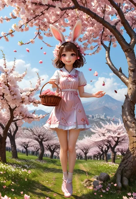 The rabbit eared girl jumps lightly under the blooming cherry blossom tree, with pink petals falling in the wind and gently rubbing against her furry long ears. She holds a flower basket and carefully selects the most beautiful flowers, (masterpiece, best ...