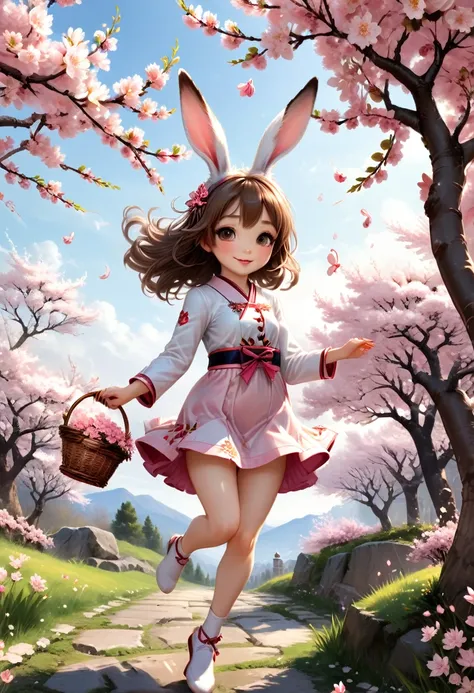 The rabbit eared girl jumps lightly under the blooming cherry blossom tree, with pink petals falling in the wind and gently rubbing against her furry long ears. She holds a flower basket and carefully selects the most beautiful flowers, (masterpiece, best ...