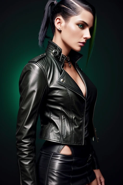 Gorgeous european steampunk woman with very short straight hair in a high ponytail, wet hair, hair slicked back, combed straight back, slick hair, black to green gradient hair, wearing a leather jacket with nothing underneath and mini skirt, solid dark bla...