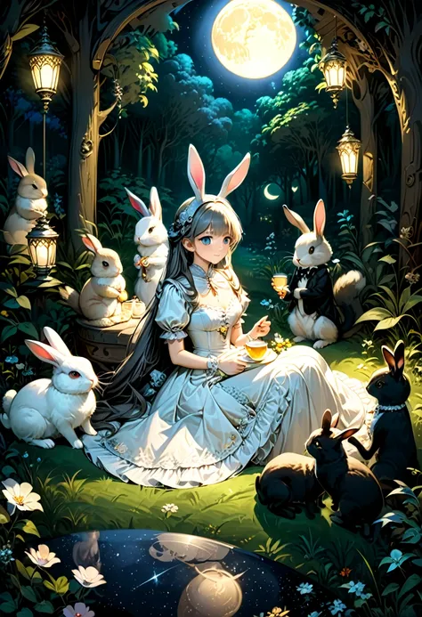 In a forest clearing illuminated by silver moonlight, the rabbit eared girl wears a gorgeous Victorian dress and hosts a dreamy night tea . Animal friends sit around, sharing this peaceful and beautiful time, (masterpiece, best quality, Professional, perfe...