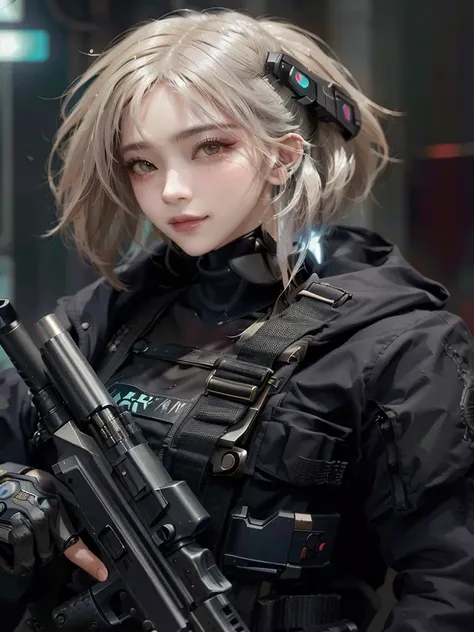 um close de uma mulher com uma arma e uma arma, cyberpunk feminino anime girl, garota de anime cyberpunk, cyberpunk feminino, ciborgue - garota com cabelo prateado, garota ciberpunk, linda garota cyberpunk, como personagem de overwatch, linda modelo de mul...