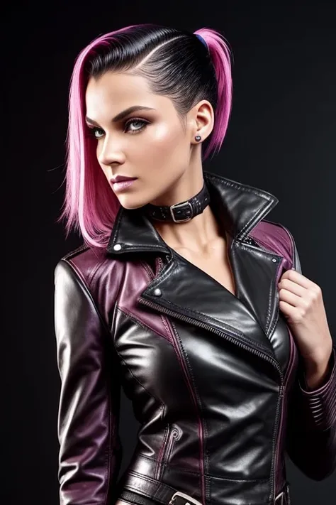 Gorgeous european steampunk woman with very short straight hair in a high ponytail, wet hair, hair slicked back, combed straight back, slick hair, black to pink gradient hair, wearing a leather jacket with nothing underneath and mini skirt, solid dark blac...