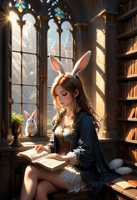 She sat by the high window of the ancient library, with sunlight shining through the window on her focused reading face. Her rabbit ears gently rested on the open pages, occasionally swaying curiously, as if she could hear whispers from the story, (masterp...