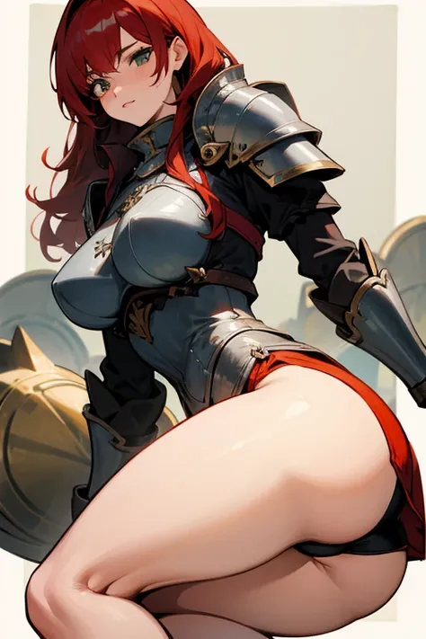 Knight armor, female, red hair,large thighs, large , large ass,
