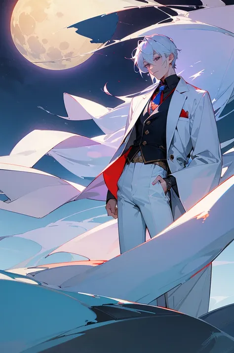 ((best quality)), ((masterpiece)), (detailed), high resolution, a young man who wear white coat with white pants, underneath his...