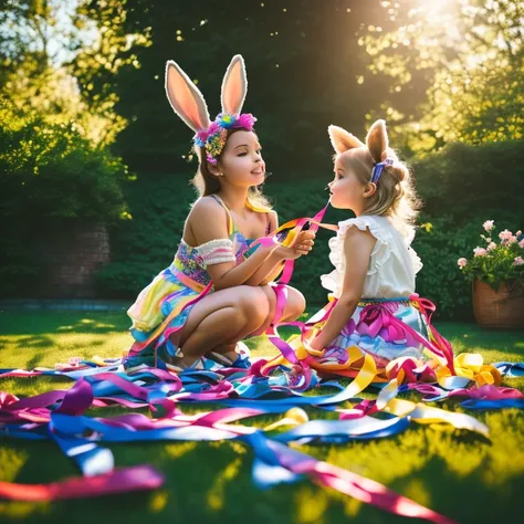 on the lawn, she was dressed in light spring clothes, with colorful ribbons tied to her rabbit ears, playing with her friends, (...