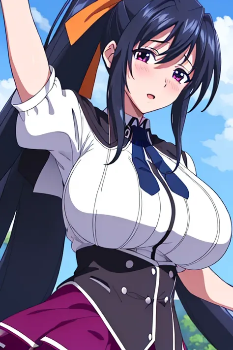 (day), on campus,blue sky with clouds, 
(upright immobile posture),
black_cape,black neckwear,white shirt,short_sleeve, sailor_c...