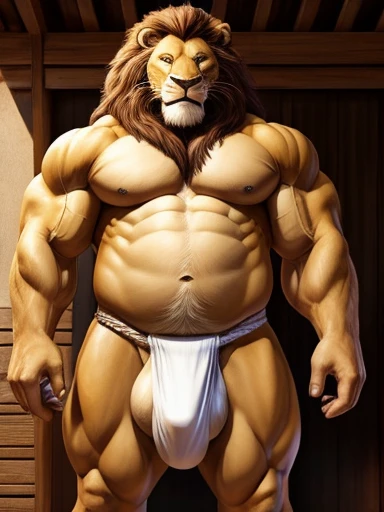 Lion,  Male, muscle, intestinal muscle, big belly, large, Male mature, old. front view‚ fundoshi ‚ bulge crotch ‚ A fundoshi bulge in crotch ‚ huge crotch ‚ big balls