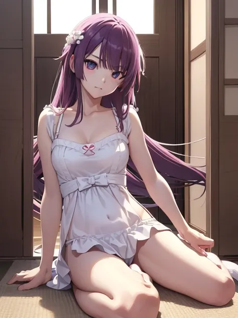 Senjougahara Hitagi , Senjougahara Hitagi , pelo largo, pelo morado, , (ojos azules:1.1), white underwear, , 
ROMPER indoors, aula,
ROMPER looking at side,
ROMPER (Obra maestra:1.2), mejor calidad, high resolution, fondo de pantalla de unidad 8k, (ILLUSTRA...