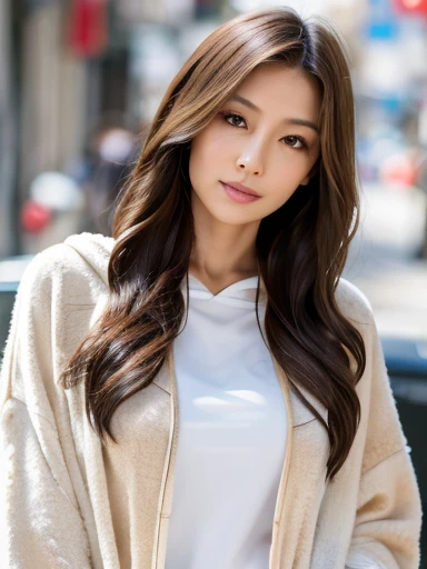 (highest quality,8k,masterpiece),japanese women,sexy,age 35,ash brown wavy long hair,oversized white hoodie,central