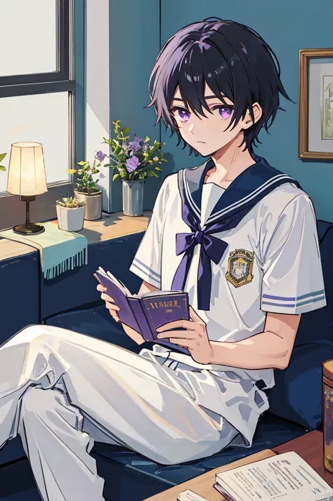 ((man))，Mature，university student，Black short hair，Purple Eyes，White sailor suit，Short sleeve，living room，Bow your head，Sitting and reading，Gentle，