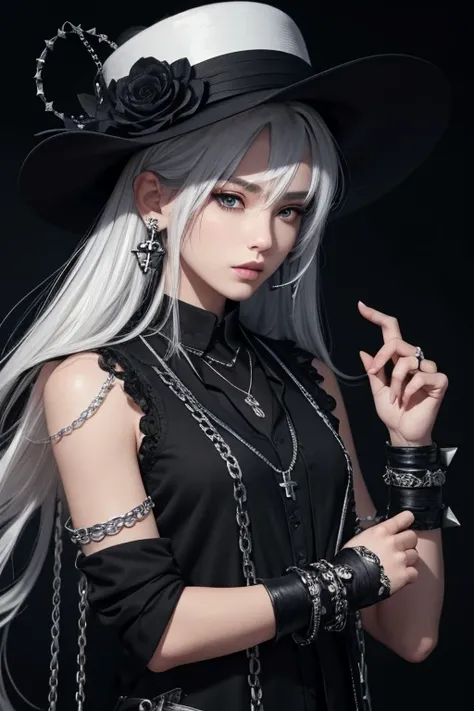 handsome man, short and disheveled black and somewhat white hair, short disheveled bangs, wide black hat decorated with a black blue flower and dried leaves, black eyeliner, black eyes, long silver hoop in his right ear, necklace thin silver chains with a ...