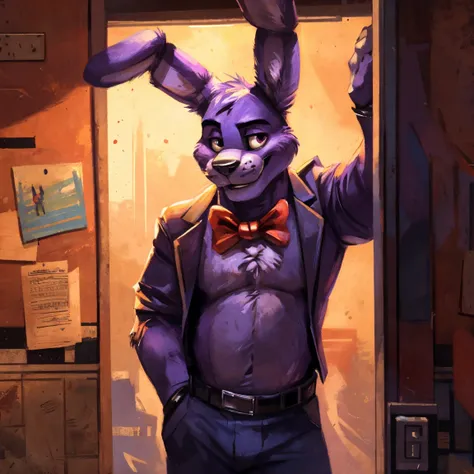 purple rabbit from fnaf 1, bonnie, bonnie rabbit, solo, male, purple rabbit, perfect nose, rabbit ears, long ears, male face, ha...