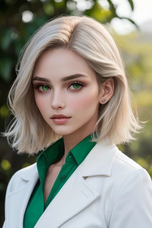 ((melhor qualidade)), ((Obra de arte)), ((cabelo louro e longo)), (white cheekbones and emerald eyes) (detalhado), rosto e corpo perfeito, jaqueta de couro preta