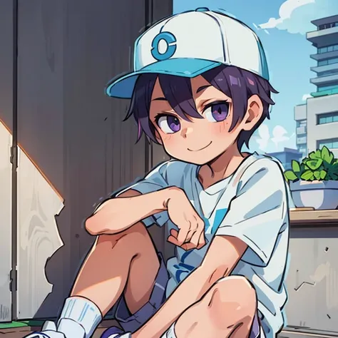 White boy with a purple axolotl hat, wearing a blue shirt, white shorts, white sneakers, and light blue socks pulled up to his shins, with crossed arms and a smile