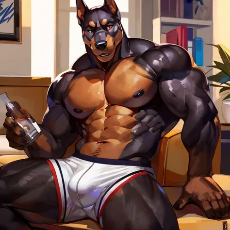 Medium muscular, dog, Dobermann, black, black Dobermann, in white underwear, underwear, By mystikfox61, By raccoon21