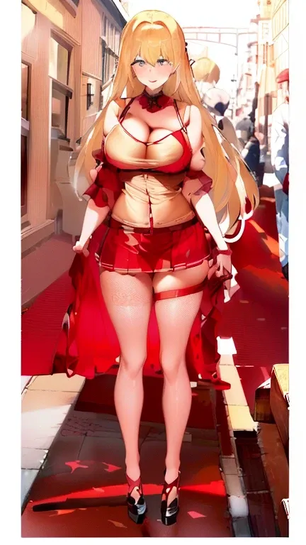 Gorgeous blonde，Red lace，Teenage Wife，Large Breasts(((Large Breasts、Breast sagging、Low-cut，Cleavage，Wide hips,)))((Long legs)),Hourglass figure))Short skirt，pleat group，mini skirt，Real-time 2D images