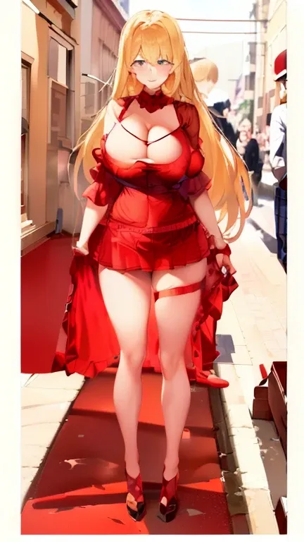 Gorgeous blonde，Red lace，Teenage Wife，Large Breasts(((Large Breasts、Breast sagging、Low-cut，Cleavage，Wide hips,)))((Long legs)),Hourglass figure))Short skirt，pleat group，mini skirt，Real-time 2D images