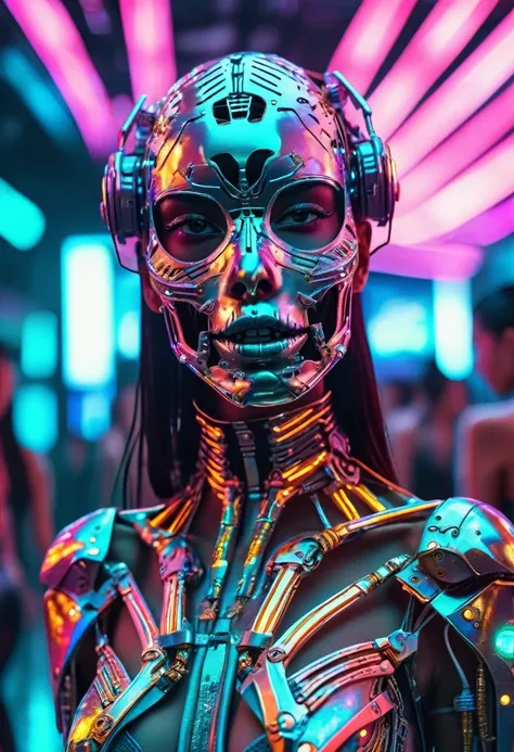 a woman wearing an exo-skeleton mask on a fashion runway, vibrant neon lighting, teenage model, intricate mechanical design, high-tech futuristic cyberpunk style, dynamic pose, dramatic lighting, colorful dystopian background, detailed metal textures, glos...