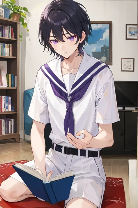 ((man))，Mature，university student，Black short hair，Purple Eyes，White sailor suit，Short sleeve，living room，，Sitting，Looking down at a book，Gentle，