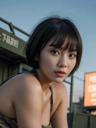 close-up of beautiful North Korean female, short hair, straight hair, flat bangs hair, 40 inch breasts size, camouflage bandeau tube top, camouflage short pants, in the army camp, night, seeing billboard is behind, army camp background, UHD