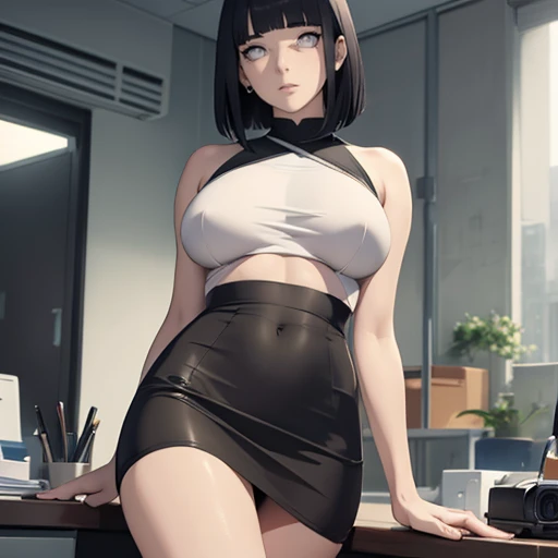 (masterpiece), anime, Best quality, good anatomy, one girl, Hinata Hyuga, (full height), white eyes, Big breasts, realistic face, gloomy face, Looking down, dark hair, short haircut, navel ,bare shoulders, tight black top, decollete, black pencil skirt, ta...